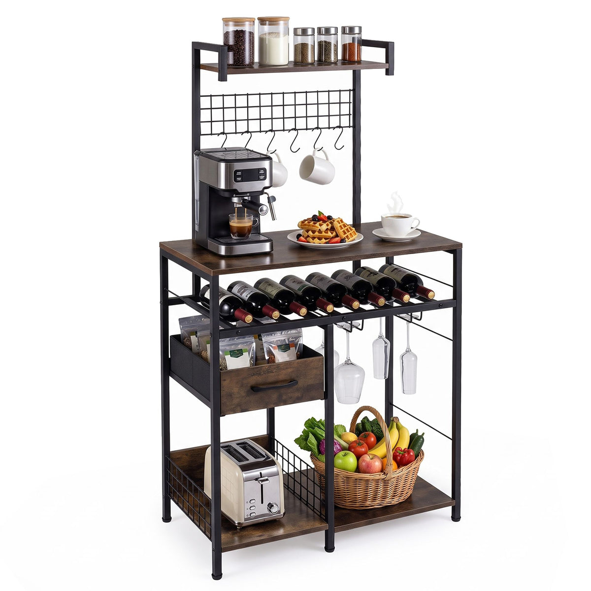 Modern Corner Bar Wine Cabine with Glass Holders and Removable Drawer-Rustic Brown