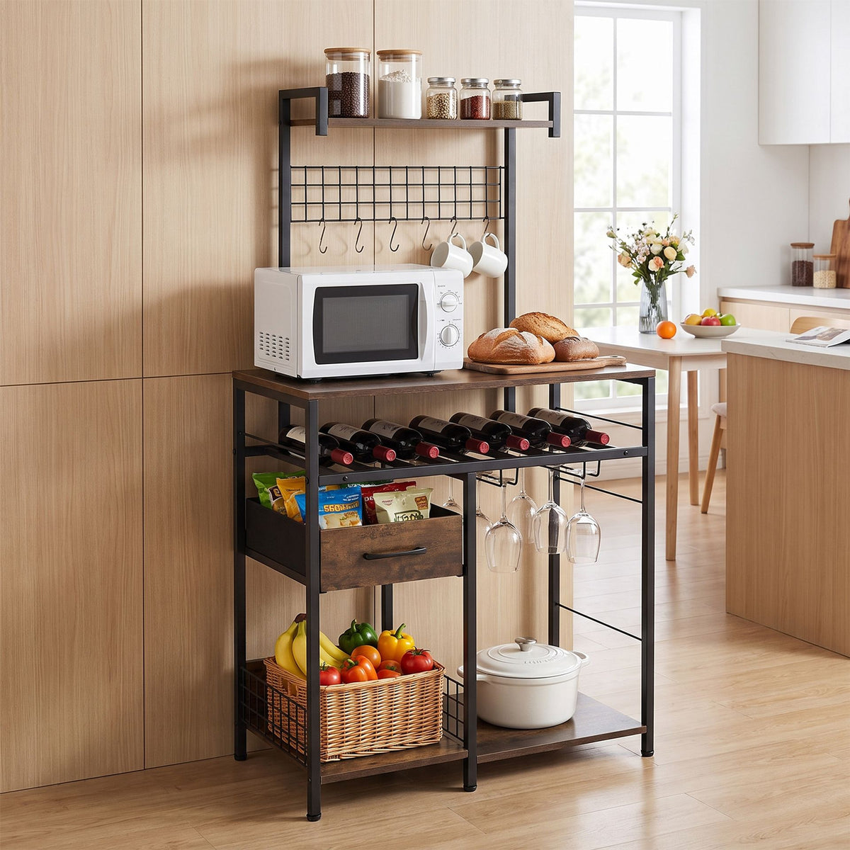 Modern Corner Bar Wine Cabine with Glass Holders and Removable Drawer-Rustic Brown