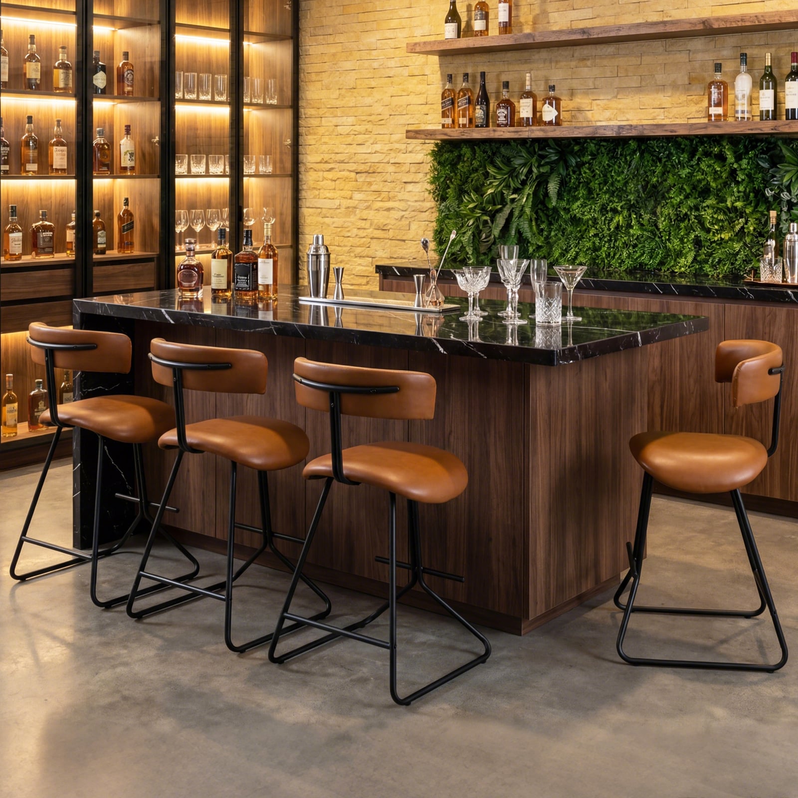 Modern Counter Height Stools Set of 2 63cm Faux Leather Upholstered Armless Barstools-Brown