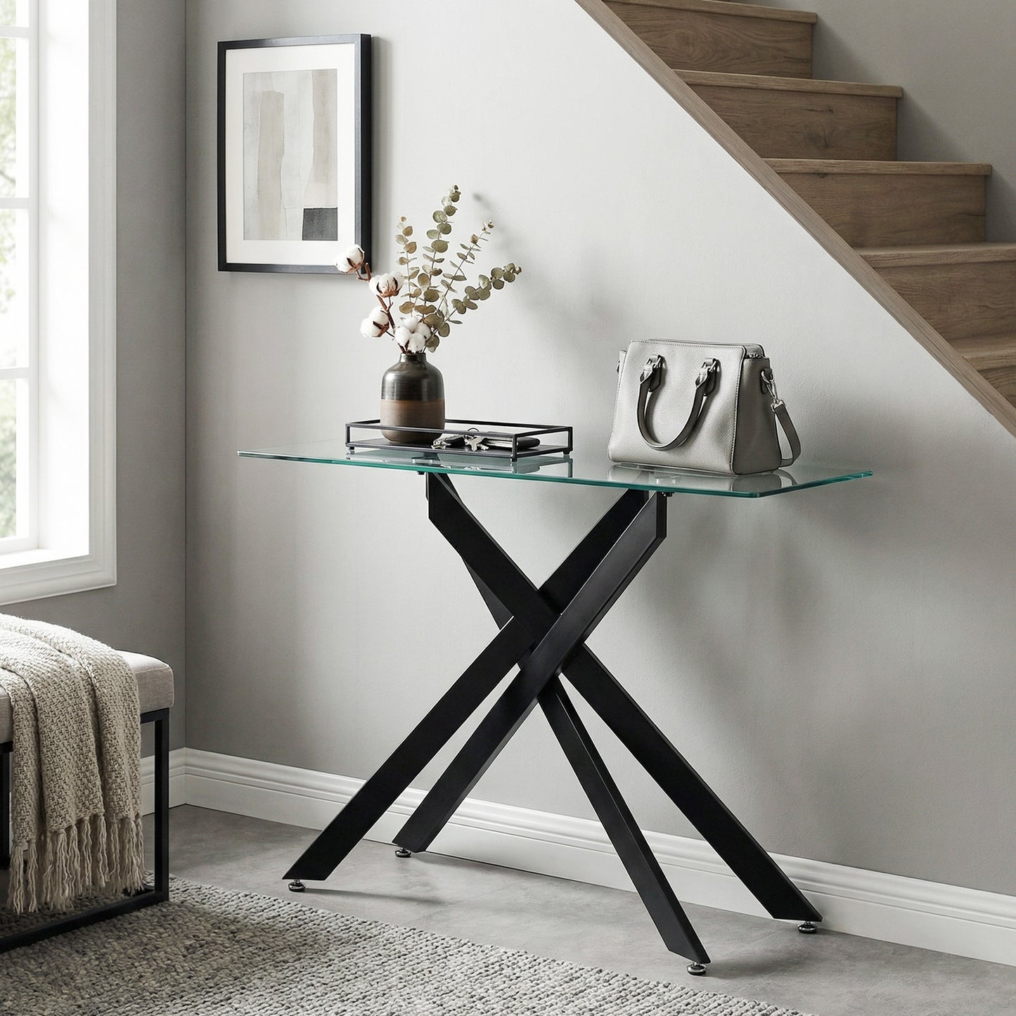 Modern Glass Console Table with Tempered Glass Top and Tubular Legs-Black
