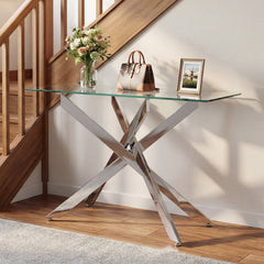 Modern Glass Console Table with Tempered Glass Top and Tubular Legs-Silver