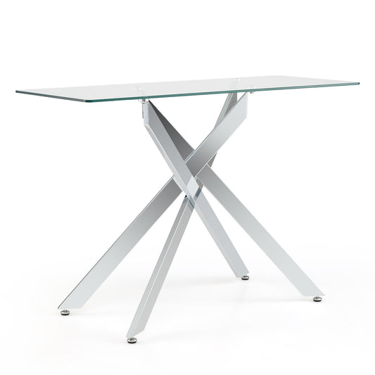 Modern Glass Console Table with Tempered Glass Top and Tubular Legs-Silver