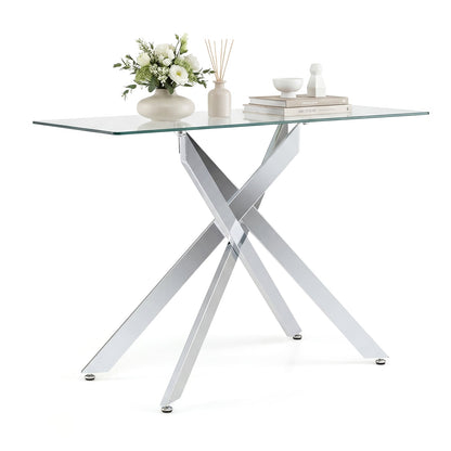 Modern Glass Console Table with Tempered Glass Top and Tubular Legs-Silver