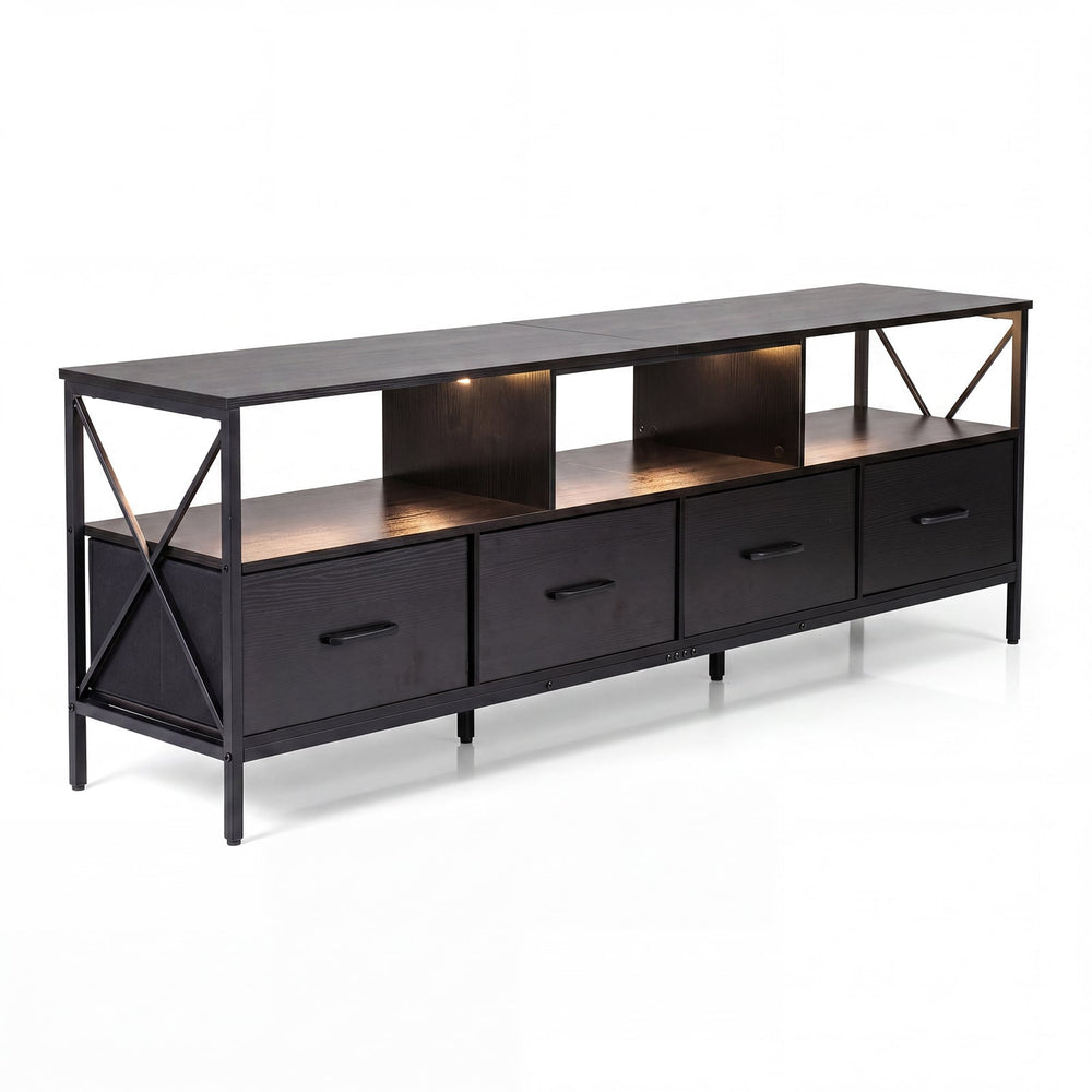 Modern LED Entertainment Center for 80" TVs with 4 Folding Fabric Drawers and Heavy-duty Metal-Black
