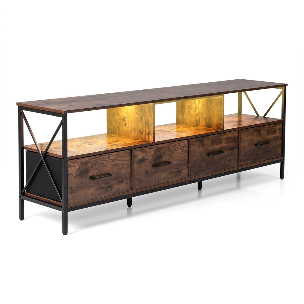 Modern LED Entertainment Center for 80" TVs with 4 Folding Fabric Drawers and Heavy-duty Metal-Rustic Brown