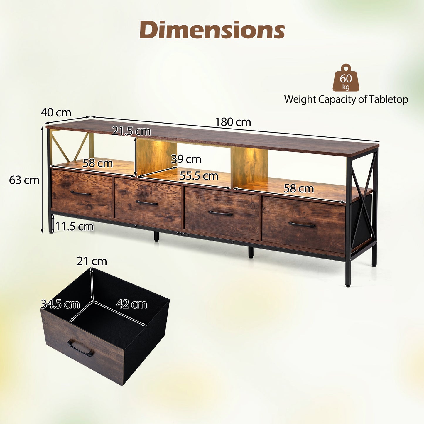 Modern LED Entertainment Center for 80" TVs with 4 Folding Fabric Drawers and Heavy-duty Metal-Rustic Brown