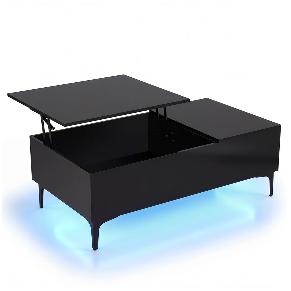 Modern Lift Top Coffee Table with LED Lights High Gloss Accent Table with Hidden Compartment-Black