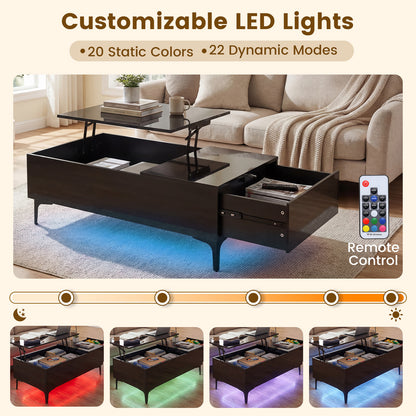 Modern Lift Top Coffee Table with LED Lights High Gloss Accent Table with Hidden Compartment-Black