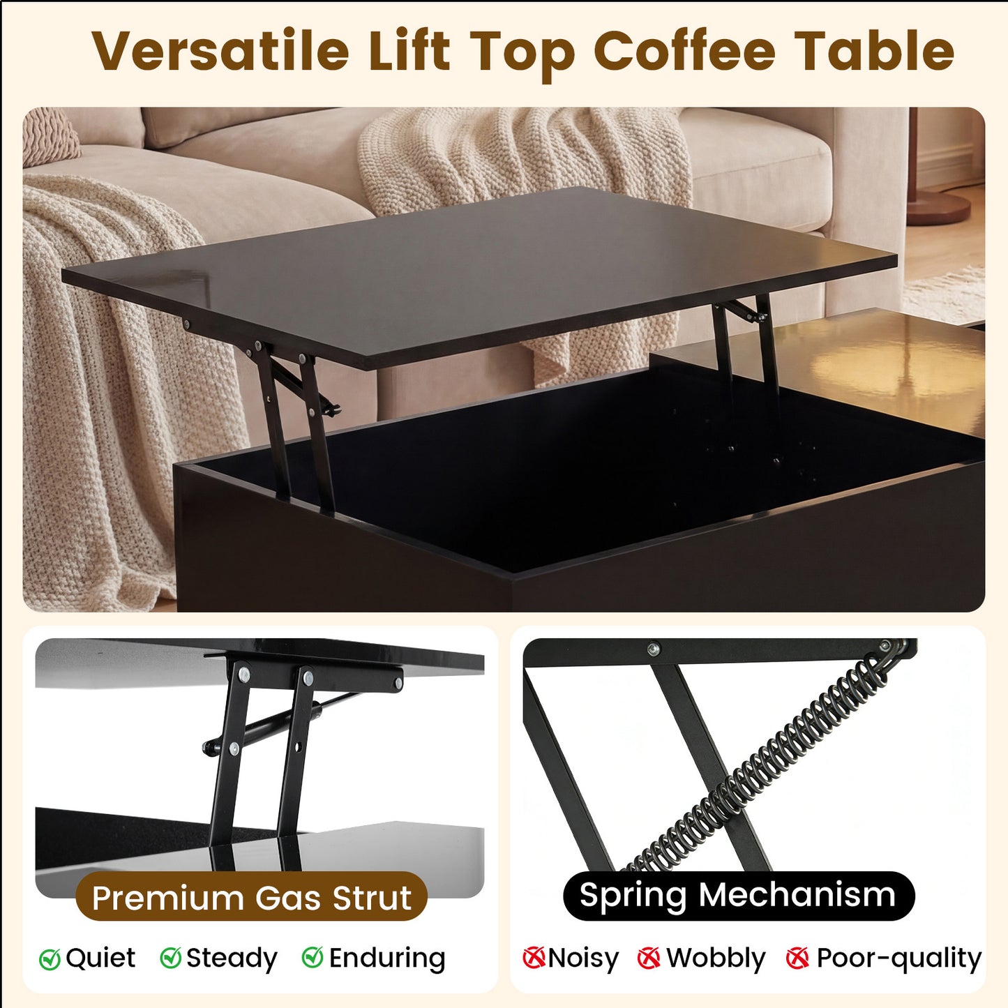 Modern Lift Top Coffee Table with LED Lights High Gloss Accent Table with Hidden Compartment-Black