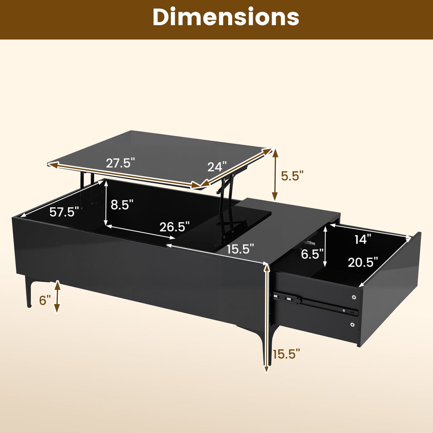 Modern Lift Top Coffee Table with LED Lights High Gloss Accent Table with Hidden Compartment-Black