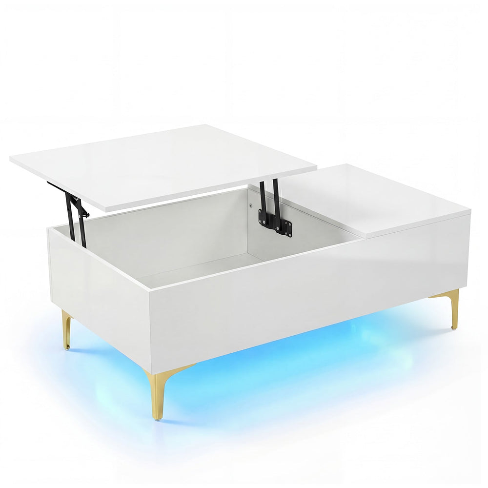 Modern Lift Top Coffee Table with LED Lights High Gloss Accent Table with Hidden Compartment-White