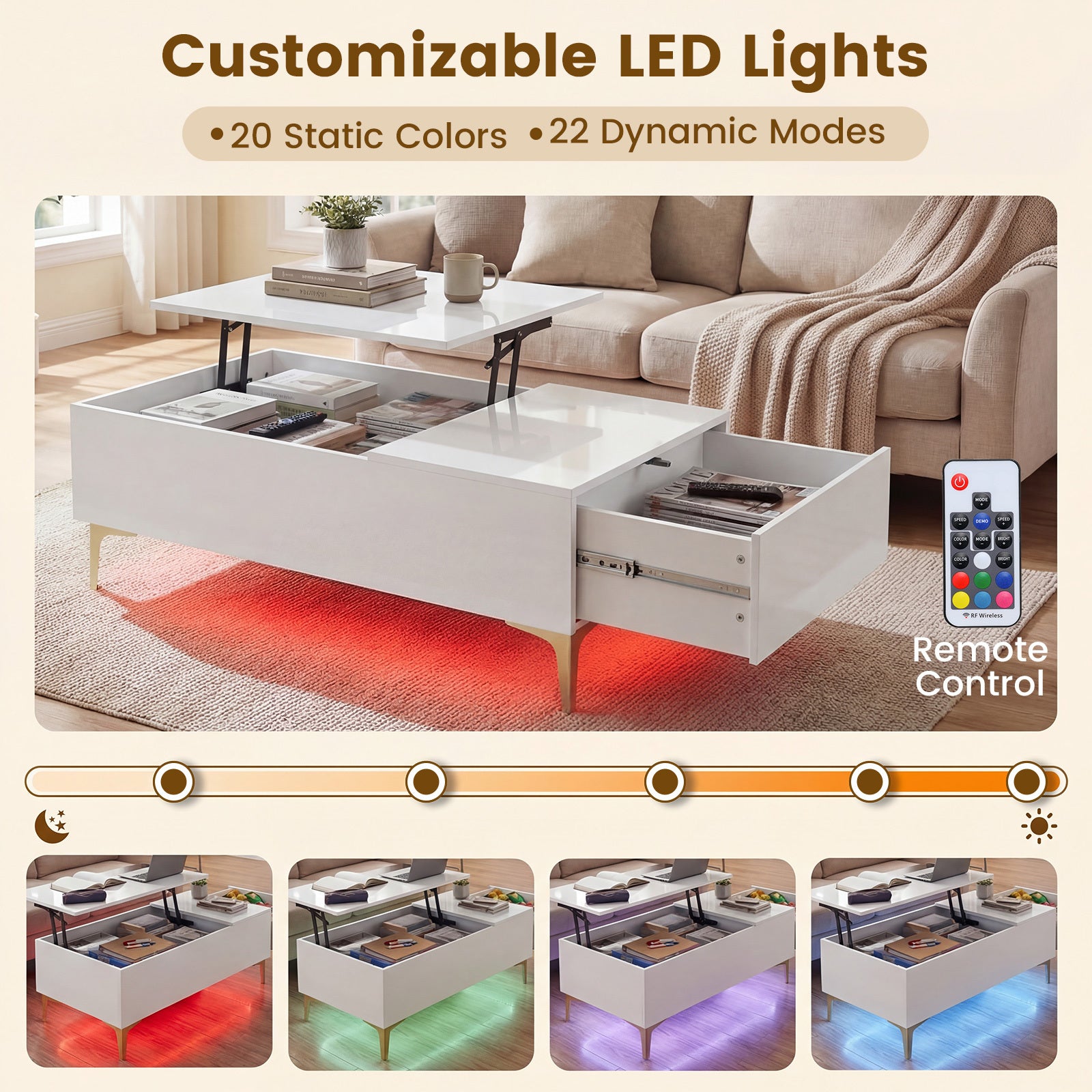 Modern Lift Top Coffee Table with LED Lights High Gloss Accent Table with Hidden Compartment-White