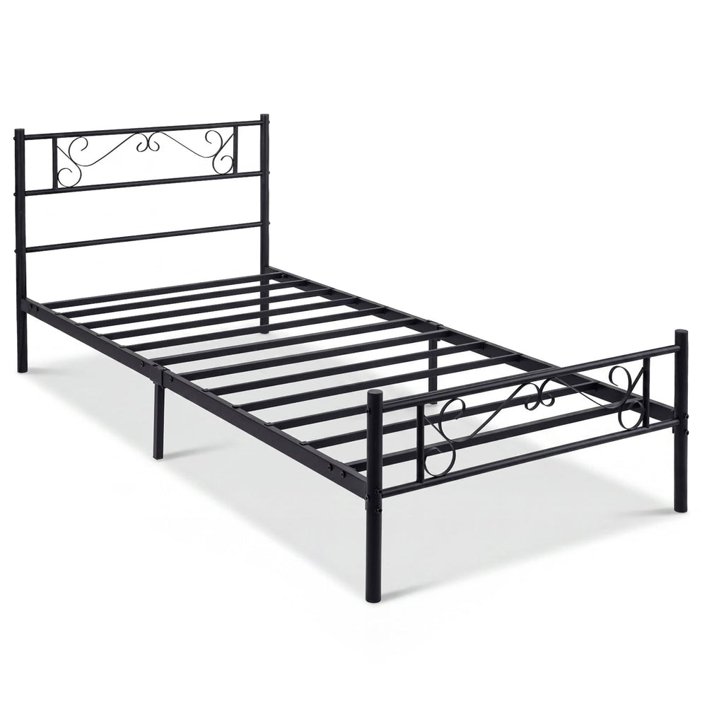 Modern Metal Bed Frame with Floral Headboard and Footboard-Black Single Size