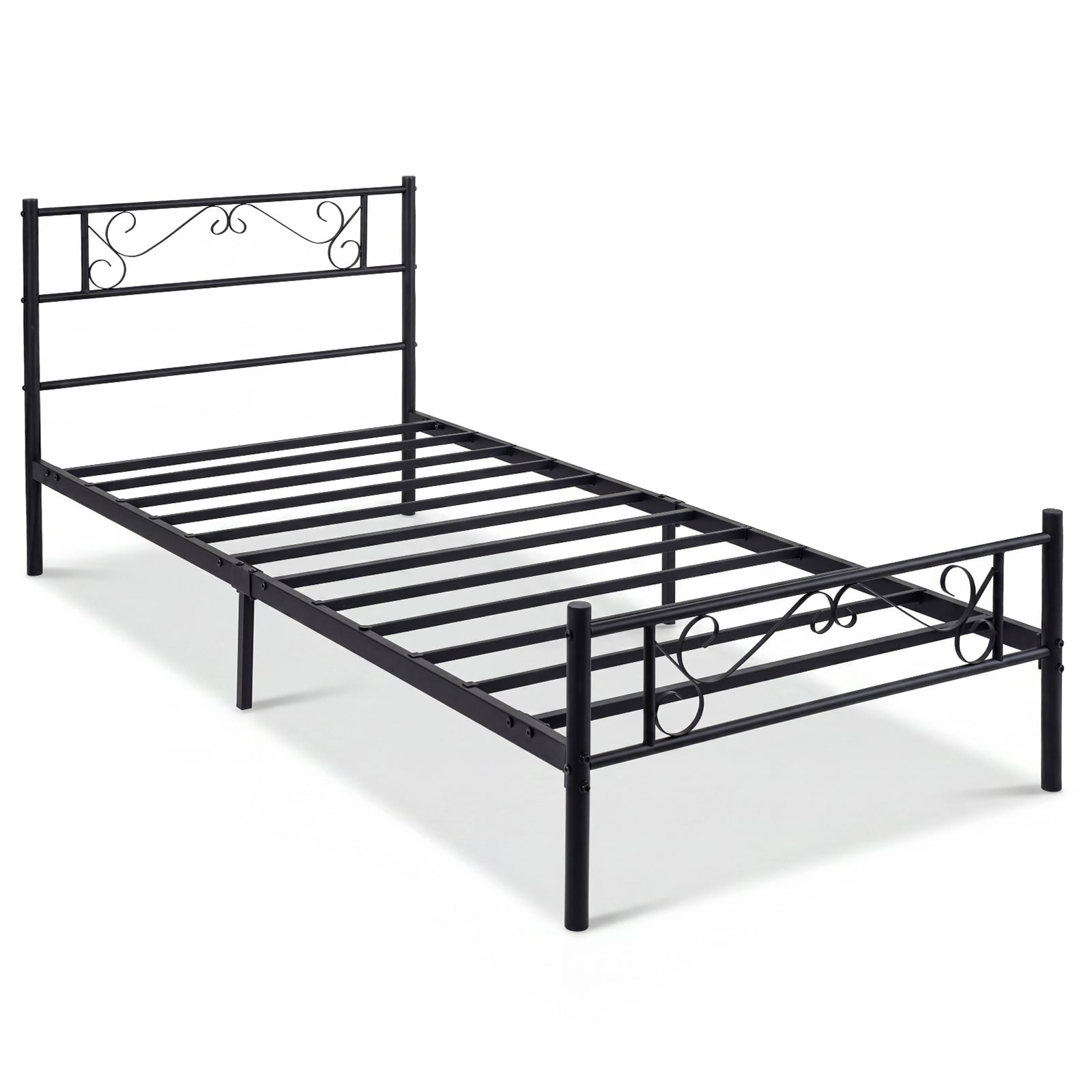 Modern Metal Bed Frame with Floral Headboard and Footboard-Black Single Size