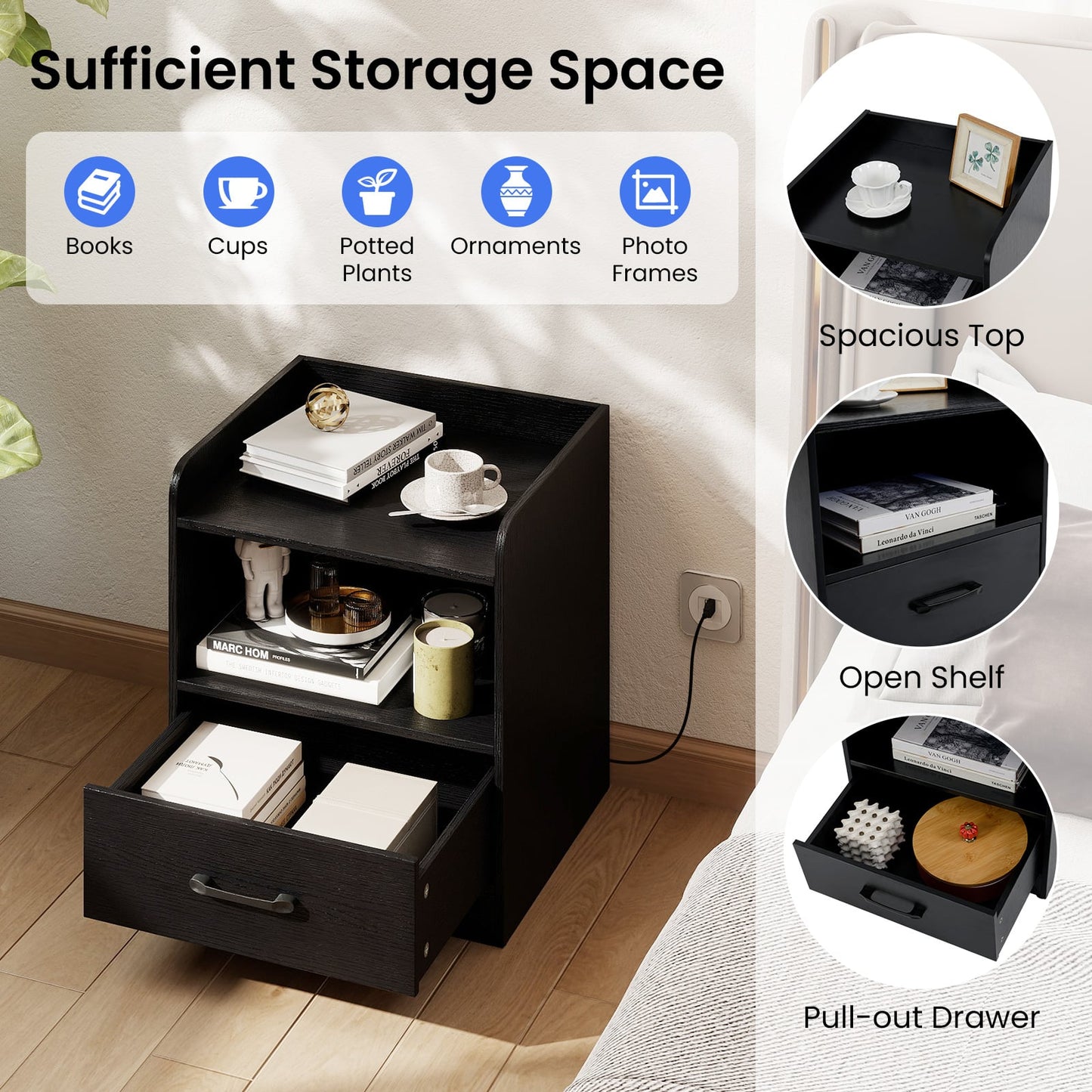 Modern Nightstand with Drawer & Open Shelf and Colorful Light Strip for Bedroom-Black