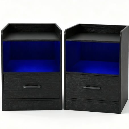 Modern Nightstand with Drawer & Open Shelf and Colorful Light Strip for Bedroom-Black