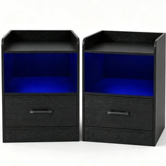 Modern Nightstand with Drawer & Open Shelf and Colorful Light Strip for Bedroom-Black