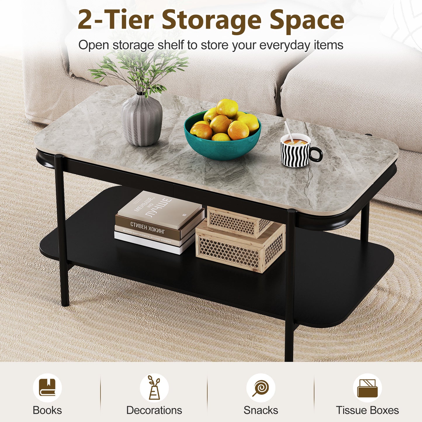 Modern Rectangular Coffee Table 2-Tier Center Table-Grey
