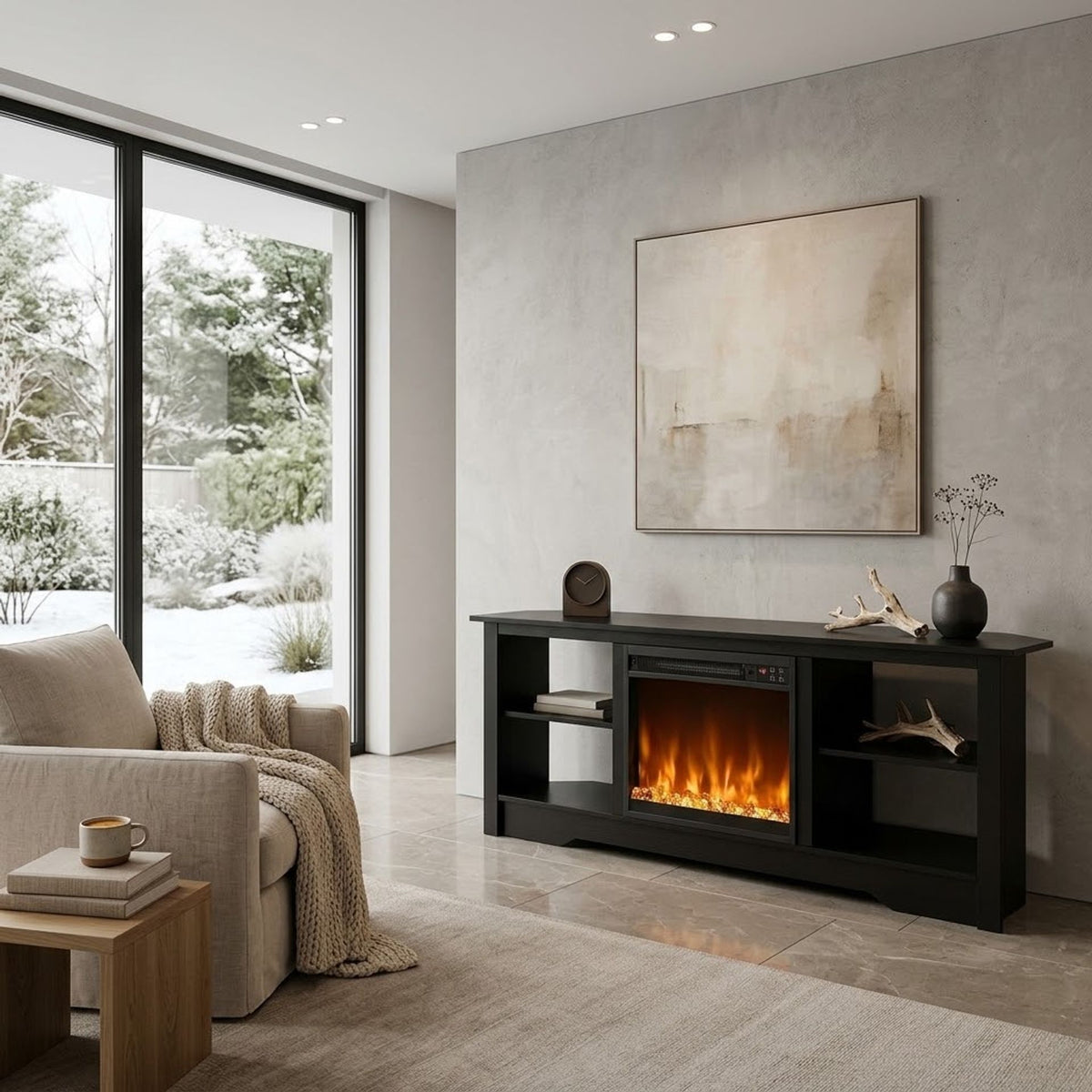 Modern TV Stand and Recessed Electric Fireplace Bundle-Black