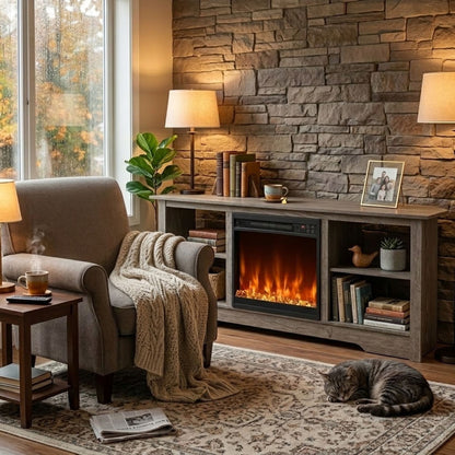 Modern TV Stand and Recessed Electric Fireplace Bundle-Grey