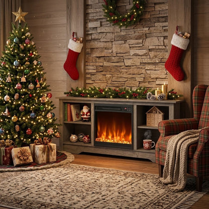 Modern TV Stand and Recessed Electric Fireplace Bundle-Grey