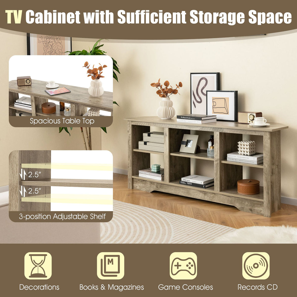 Modern TV Stand and Recessed Electric Fireplace Bundle-Grey