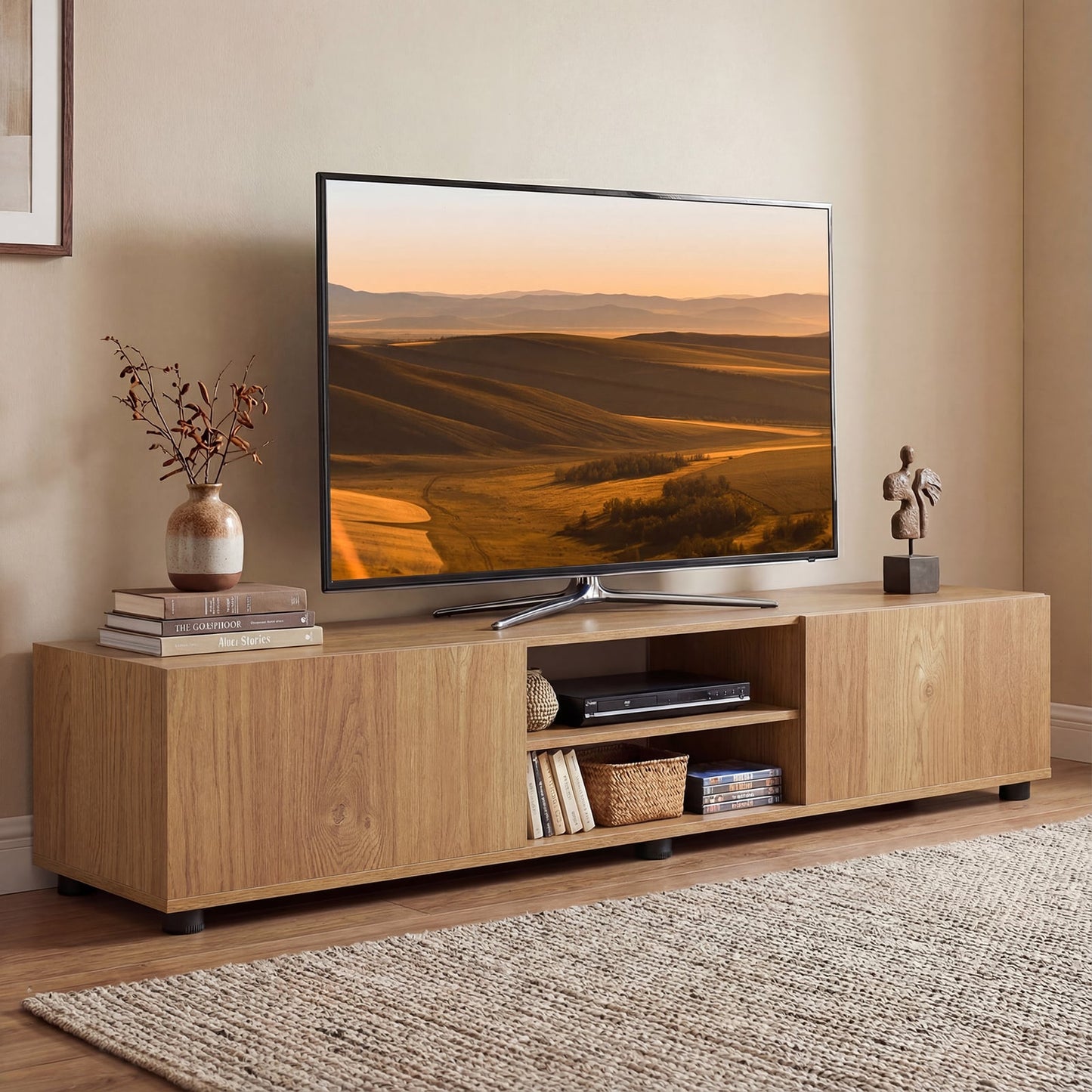 Modern TV Stand for up to 70" TVs with 2 Doors and Open Shelves-Natrual