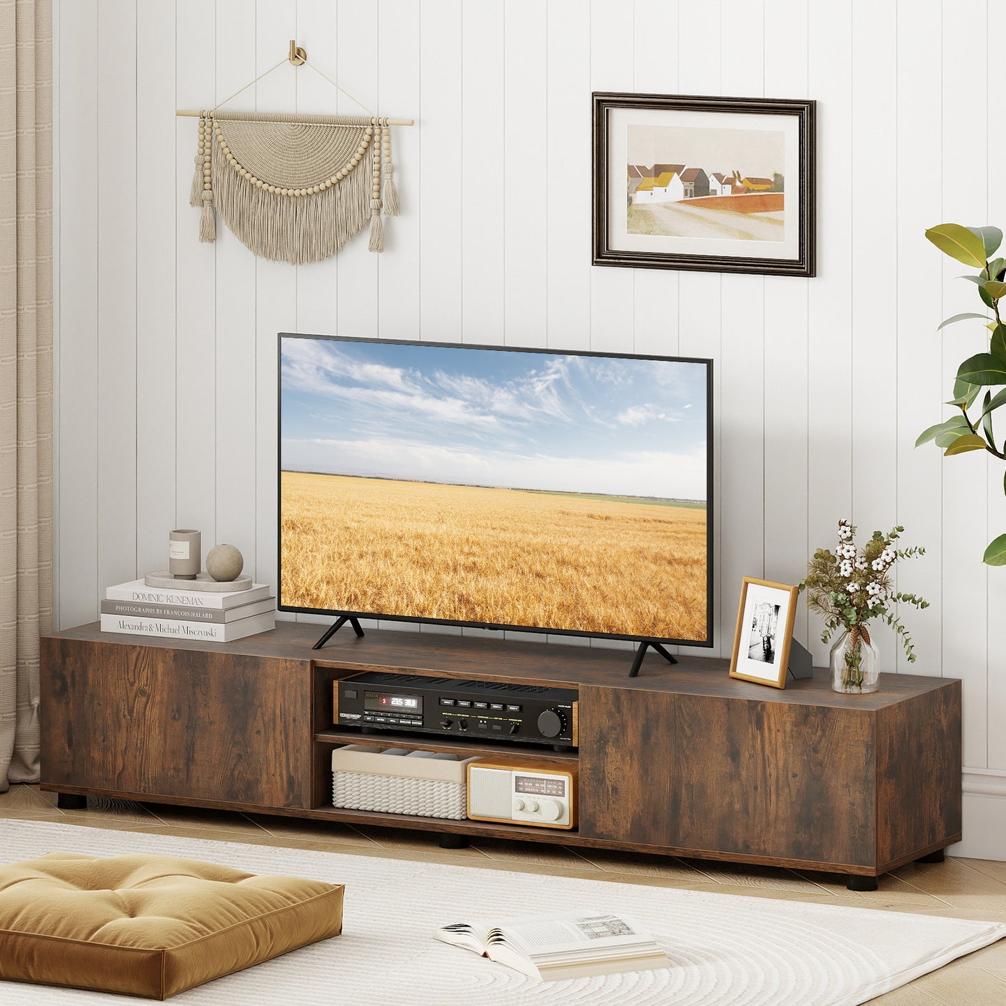 Modern TV Stand for up to 70" TVs with 2 Doors and Open Shelves-Rustic Brown
