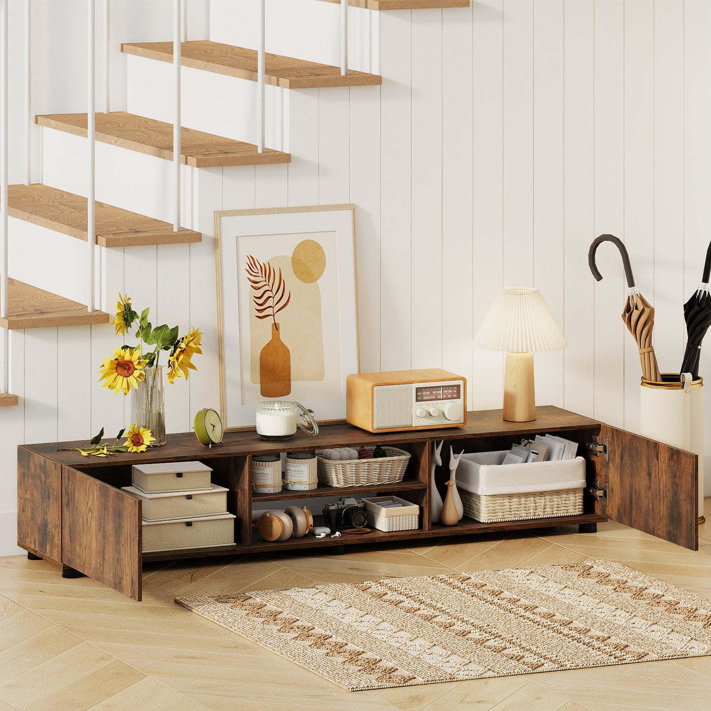 Modern TV Stand for up to 70" TVs with 2 Doors and Open Shelves-Rustic Brown