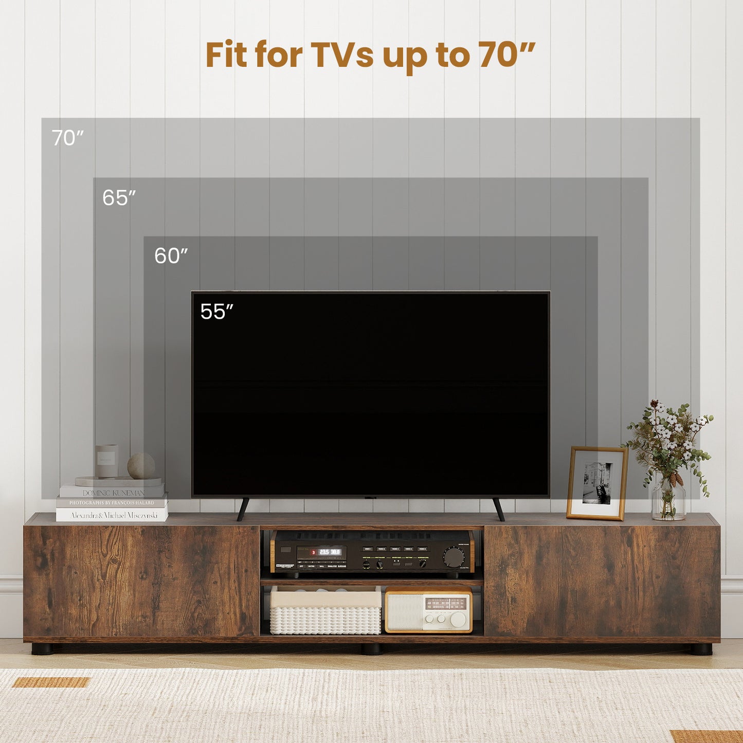 Modern TV Stand for up to 70" TVs with 2 Doors and Open Shelves-Rustic Brown