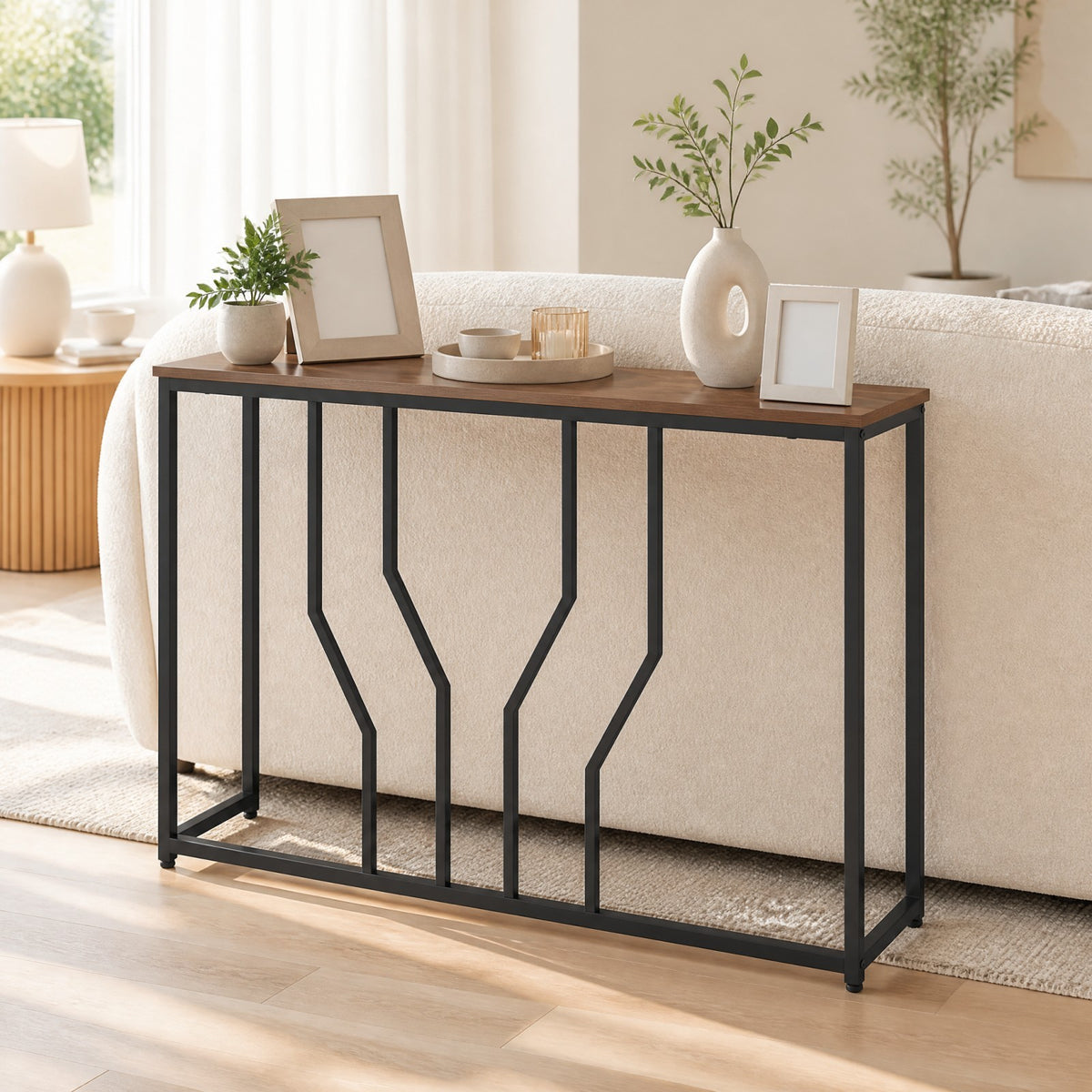 Modern White Faux Marble Entryway Table with Geometric Metal Frame for Living Room-Rustic Brown