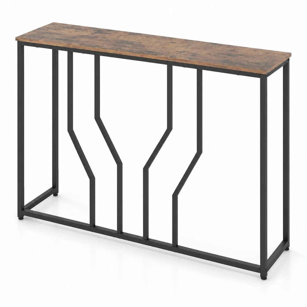 Modern White Faux Marble Entryway Table with Geometric Metal Frame for Living Room-Rustic Brown