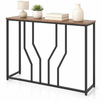 Modern White Faux Marble Entryway Table with Geometric Metal Frame for Living Room-Rustic Brown