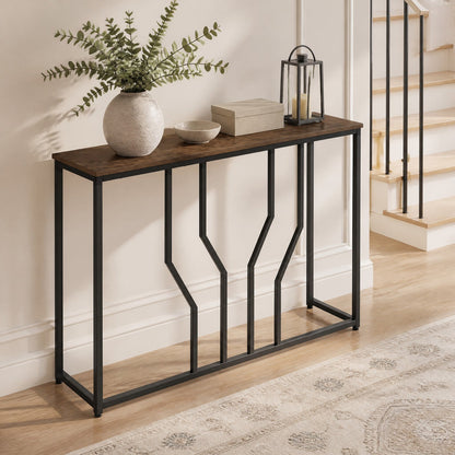 Modern White Faux Marble Entryway Table with Geometric Metal Frame for Living Room-Rustic Brown