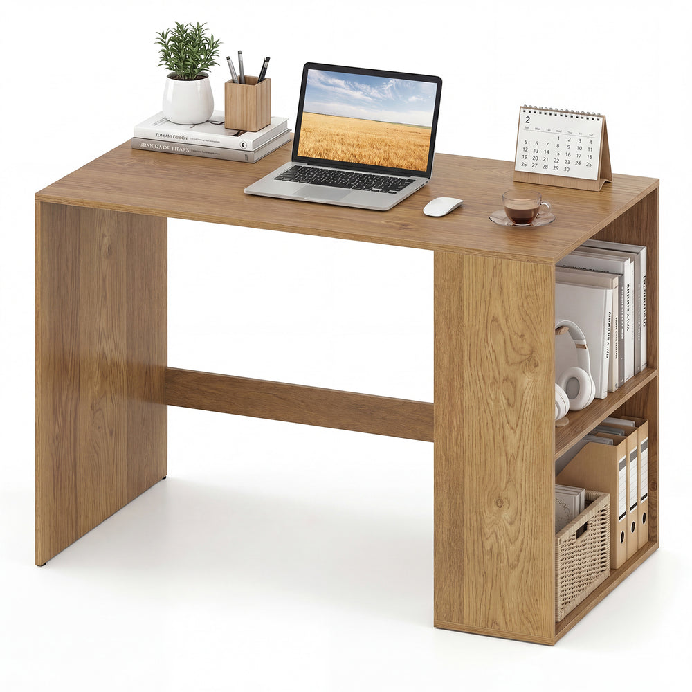Modern Wooden Office Desk with Storage and 2 Open Shelves-Natural