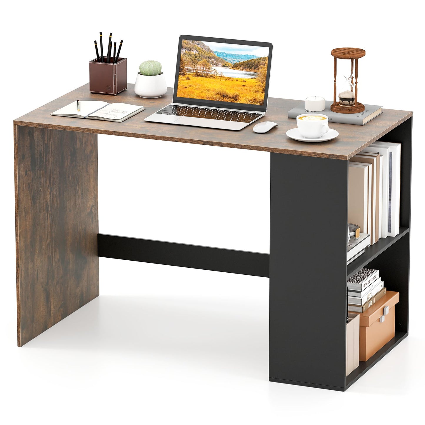 Modern Wooden Office Desk with Storage and 2 Open Shelves-Rustic Brown