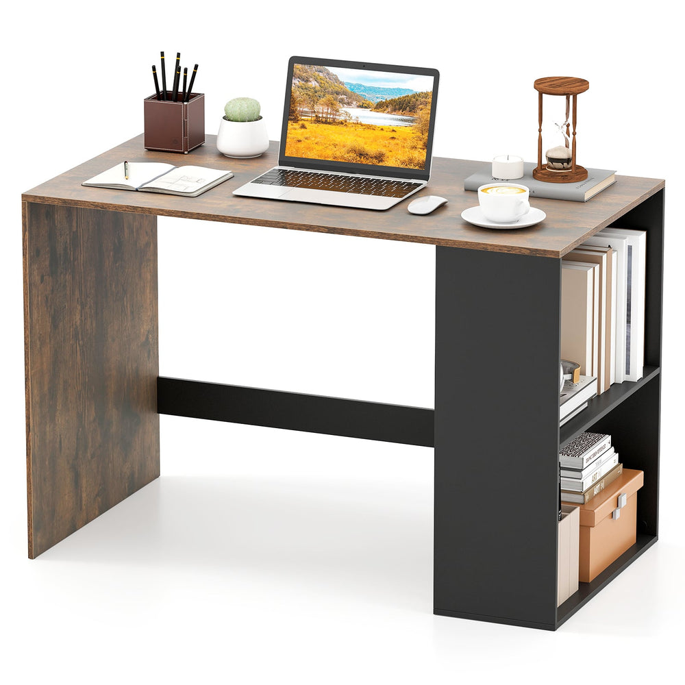 Modern Wooden Office Desk with Storage and 2 Open Shelves-Rustic Brown