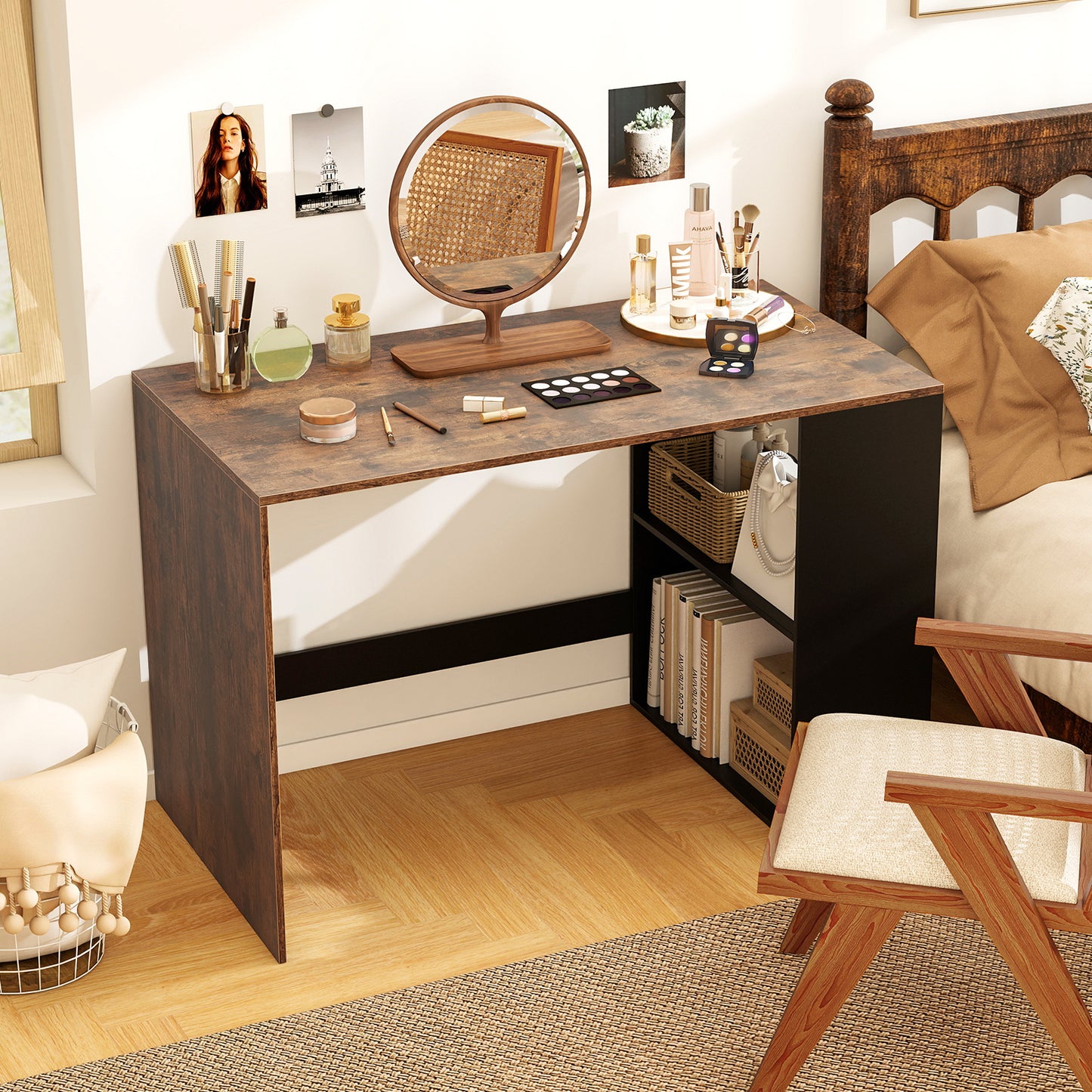 Modern Wooden Office Desk with Storage and 2 Open Shelves-Rustic Brown
