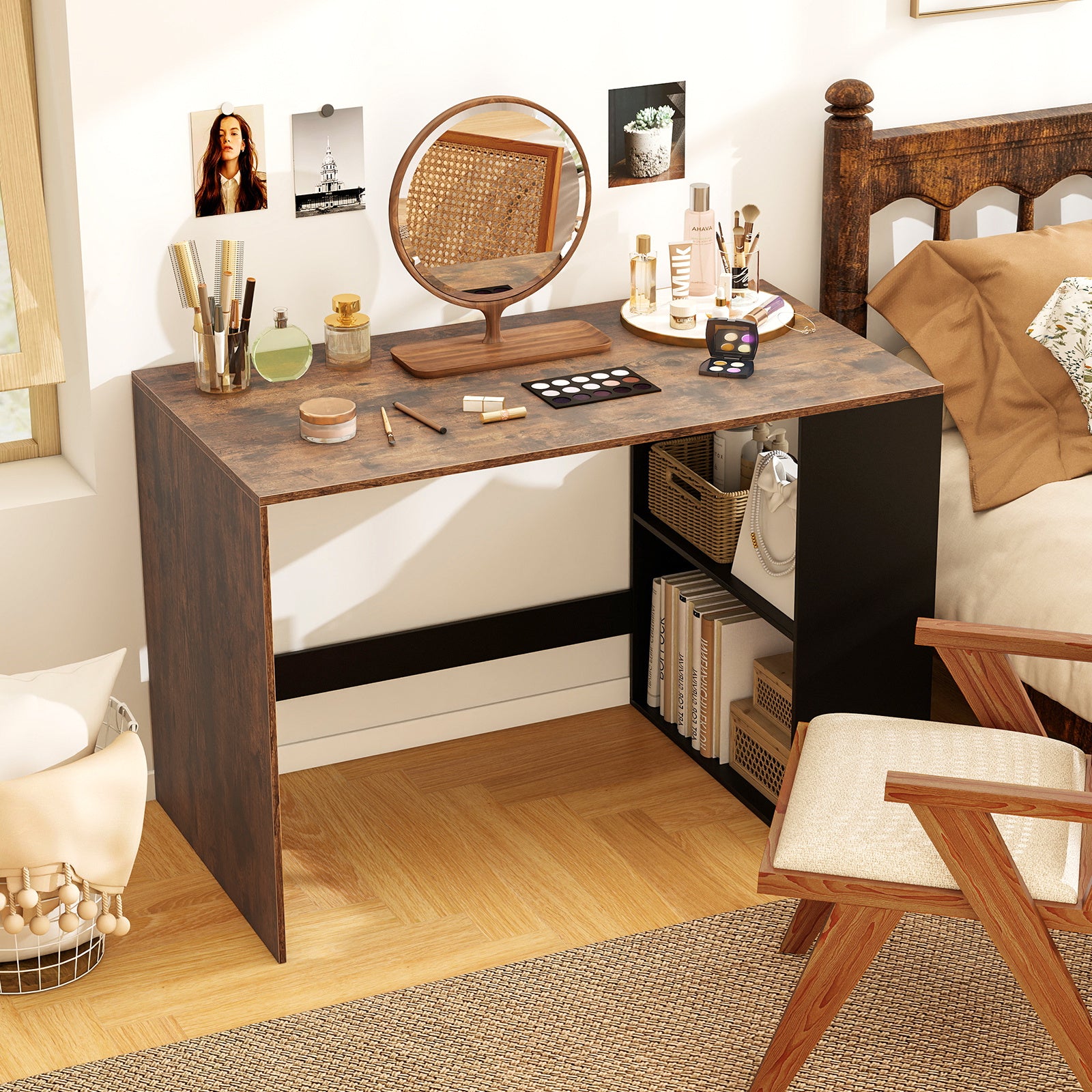 Modern Wooden Office Desk with Storage and 2 Open Shelves-Rustic Brown