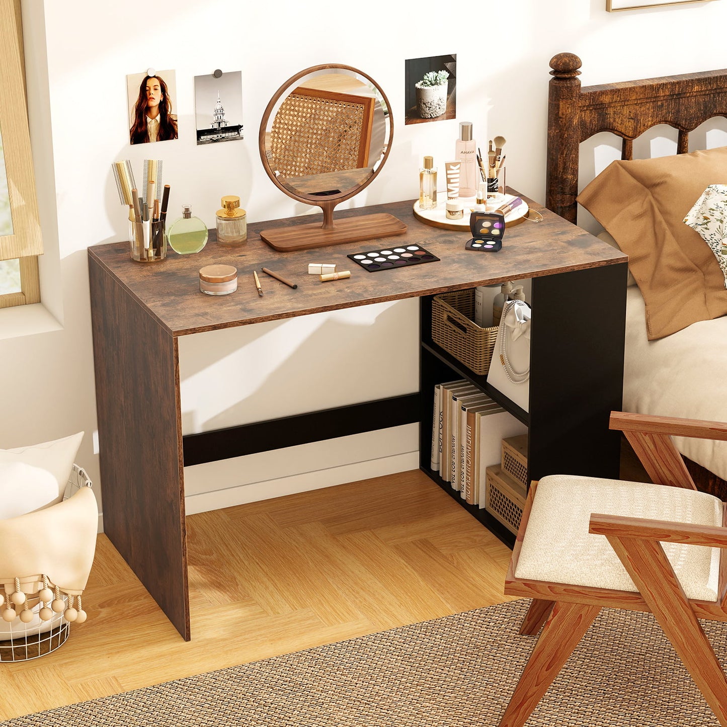 Modern Wooden Office Desk with Storage and 2 Open Shelves-Rustic Brown
