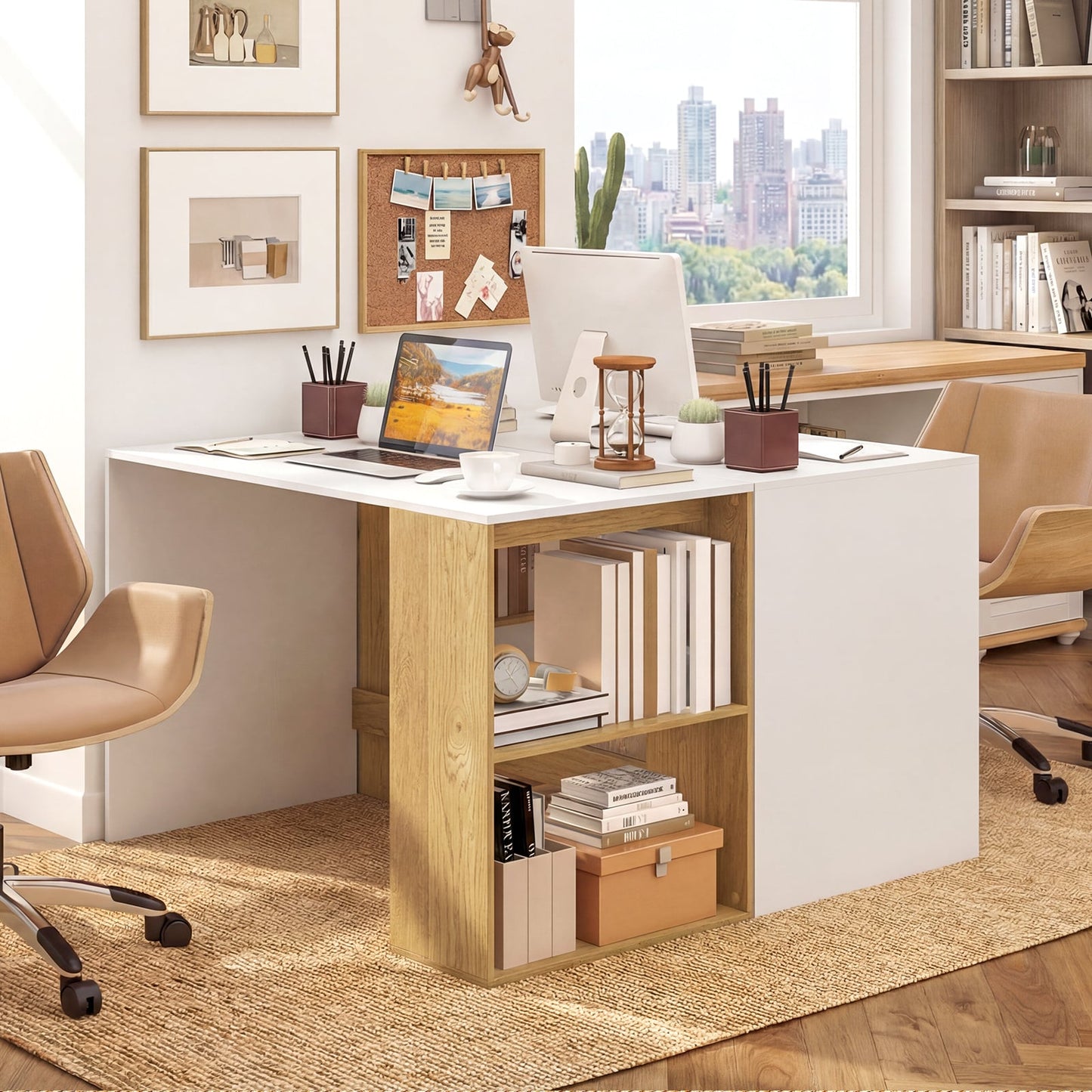 Modern Wooden Office Desk with Storage and 2 Open Shelves-White