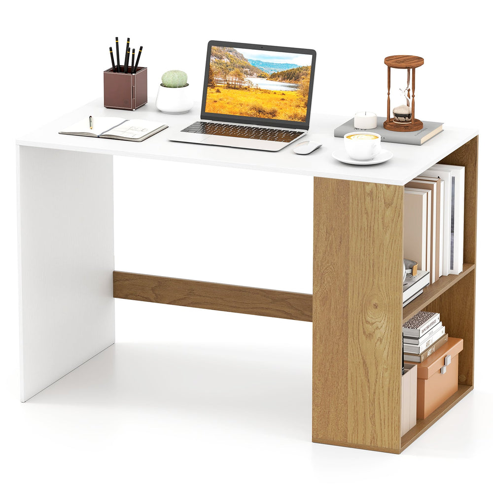 Modern Wooden Office Desk with Storage and 2 Open Shelves-White