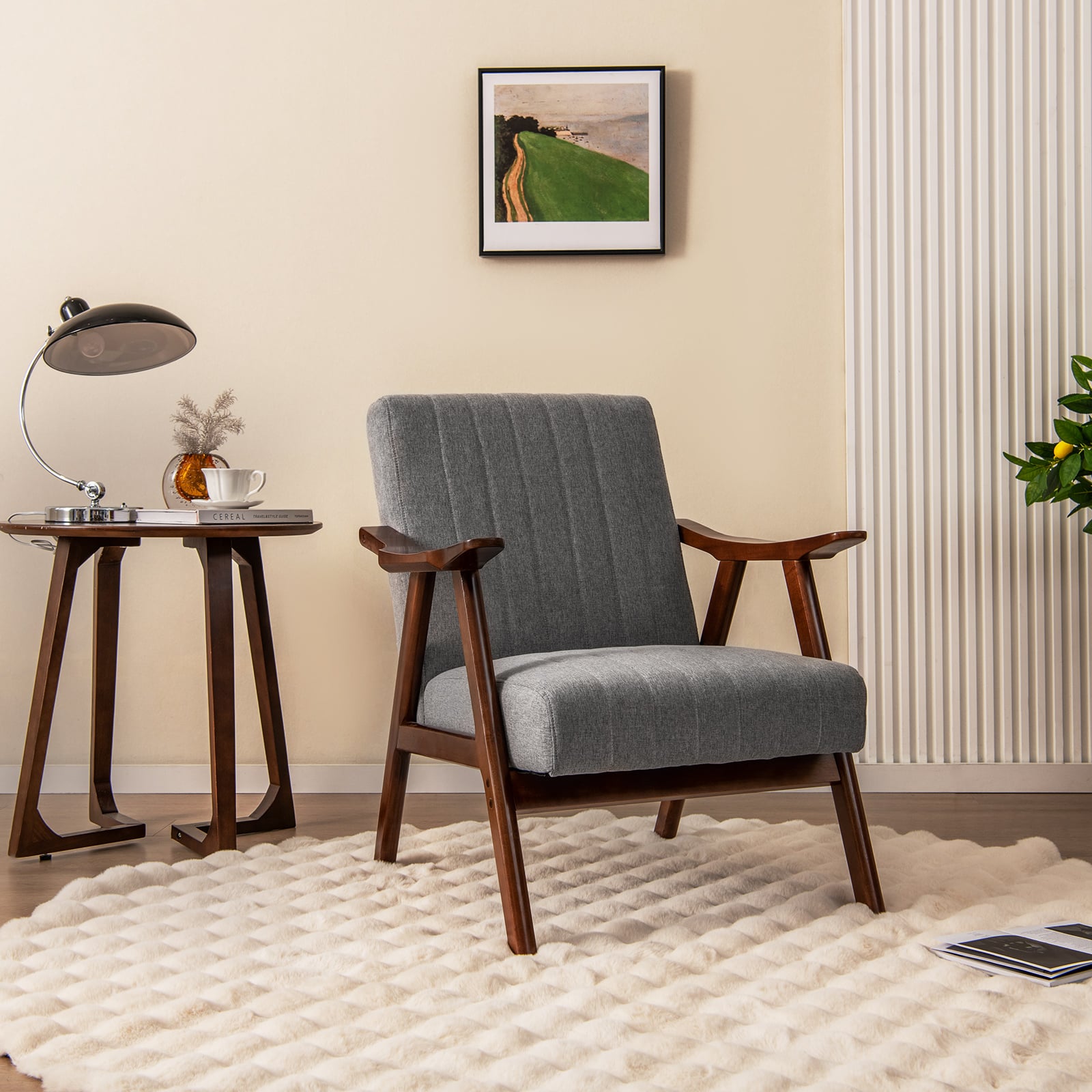 Modern Accent Chair with Armrests and Rubber Wood Frame-Light Grey