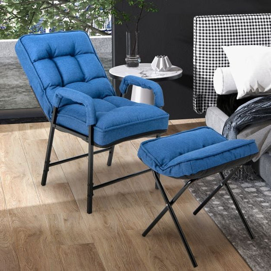 Accent Chair + Ottoman in Linen Fabric with Adjustable Back & Metal Frame Blue