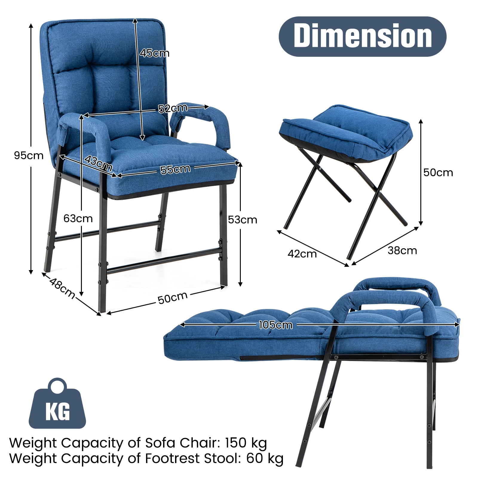 Modern Accent Chair Linen Fabric Arm Chair with Ottoman-Blue