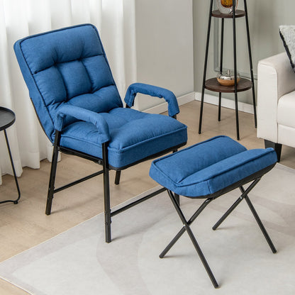 Modern Accent Chair Linen Fabric Arm Chair with Ottoman-Blue