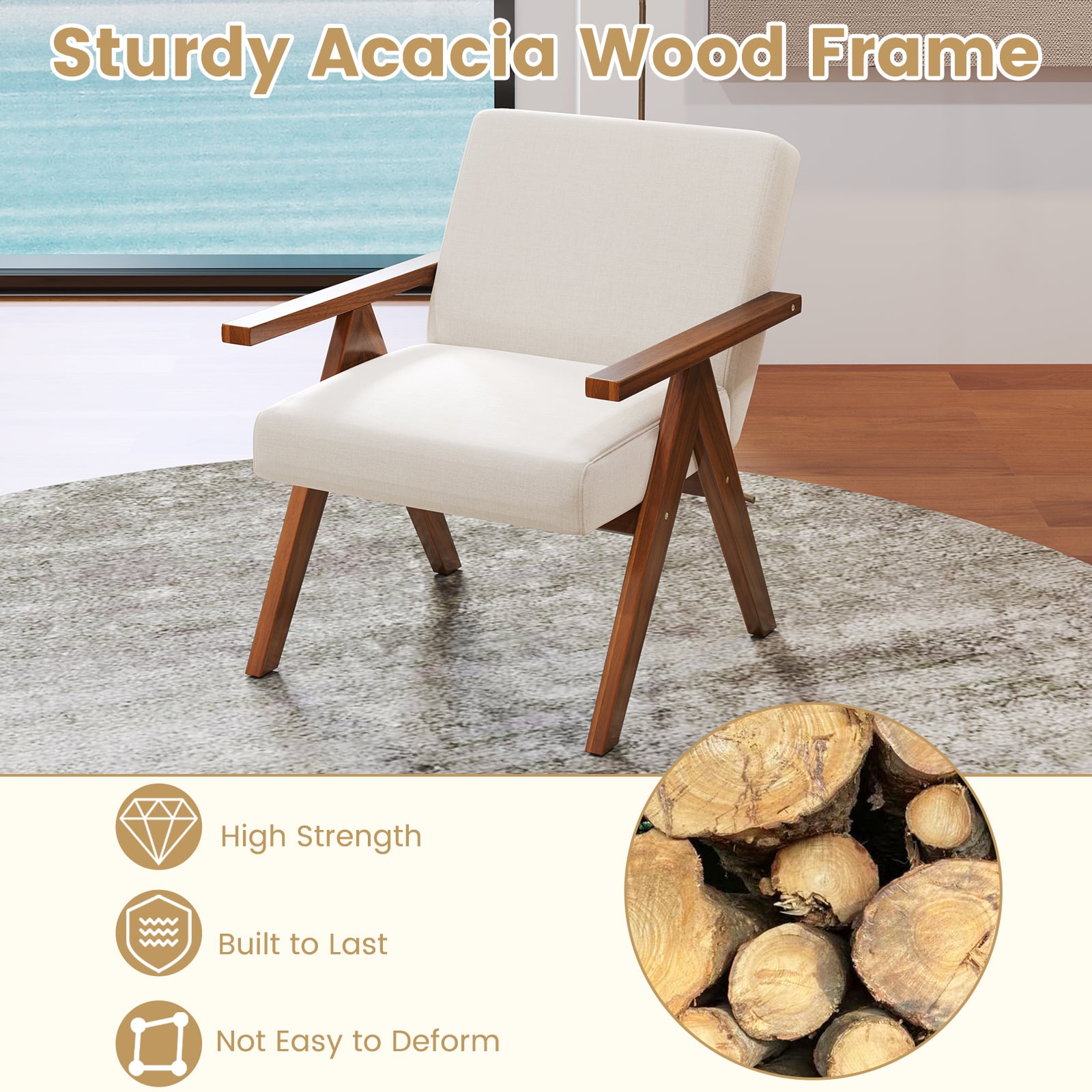Modern Accent Chair Linen Fabric Armchair with Solid Acacia Wood Frame-Beige