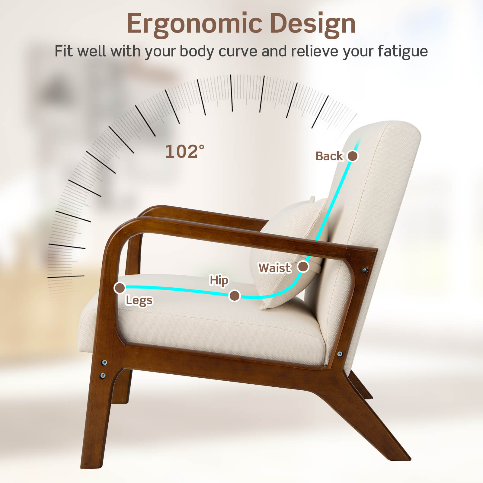 Modern Accent Chair with Lumbar Pillow and Rubber Wood Frame-Beige