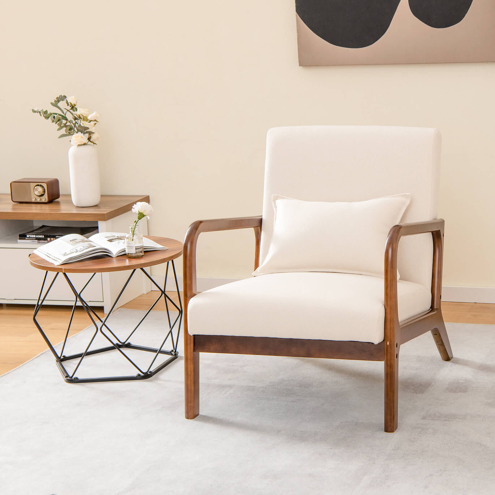 Modern Accent Chair with Lumbar Pillow and Rubber Wood Frame-Beige