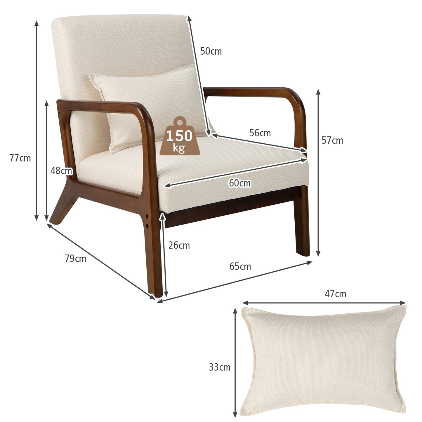 Modern Accent Chair with Lumbar Pillow and Rubber Wood Frame-Beige